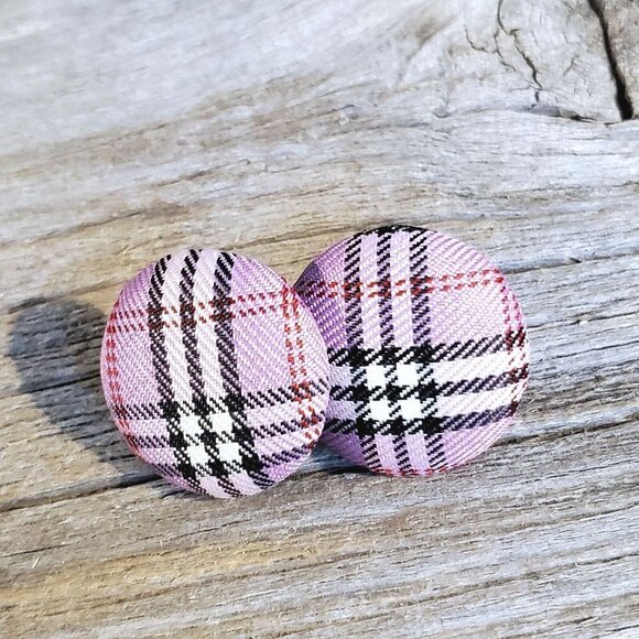 Lavender Purple Black White Tartan Plaid Fabric Button Earrings - Picture 2 of 5